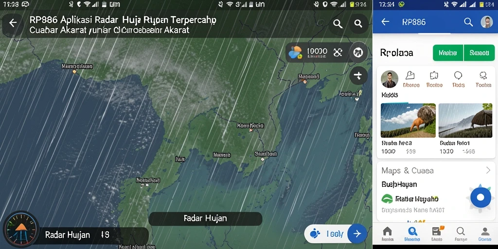 Tampilan antarmuka RP886 yang menunjukkan peta radar hujan dan fitur cuaca.